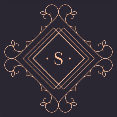 Düz çizgileri ve girdapları olan altın logoti, süslemeleri olan izole eşkenar dörtgen çerçeve. Şatafatlı modern amblem, üretim ambalajı için şarkılar, minimal stil geometrik şekil. Düz biçimli vektör