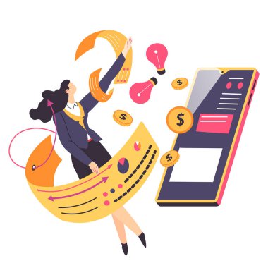 İşçi, iş yerinde yetiştirmek için aletler ve fikirler kullanıyor. Ekonomik büyüme ve iş yerindeki gelir. Akıllı telefon ve dolar parası, online yatırım ya da bankacılık. Düz biçimli başarılı uygulama, vektör