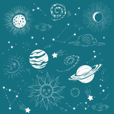 Yıldızlı, gezegenli ve güneşli bir astronomik harita. Samanyolu ve güneş sistemi yıldızlı gecede temsil ediliyor. Takımyıldızlı yıldız evi, mistik astrolojik görüş. Düz cisim vektörü