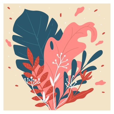 Yaprakları ve çiçekleri olan egzotik çalılar, gelişen bitkiler, bitki çeşitliliği. Yeşillik yapraklı botanik dekorasyonu, bitki örtüsü. Tropikal çiçekli süsleme, düz biçimli vektör