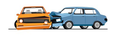 Araç kazası, trafik kazası. Kırık parçaları olan izole edilmiş araçlar, hasarlı ve otomobillerin bozulması. Teslimat, kaza ya da kaza. Düzlükte sigorta ve risk vektörü