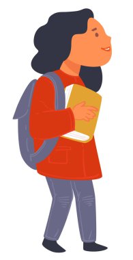 Okulda ya da üniversitede okuyan, izole edilmiş bir kadın karakter kitabı tutan ve çanta takan bir çocuk. Öğrenci profili, elinde not defteri ve ders kitabı olan bir kız. Düz biçimli bilgi vektörü alınıyor