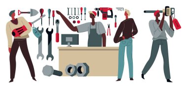 Alet dükkanındaki müşteriler ve müşteriler iş için enstrüman satın alıyorlar. İnşaatçılar için aletleri olan bir süpermarket. Vitrinde çeşitlilik gösteren satıcı, erkek ve erkek ürünleri düz stil vektörü