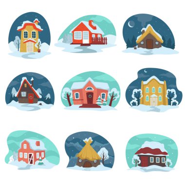Karlı çatıları olan evler, kırsal kesimde ıssız binalar. Kulübeler, evler, köy ya da kırsal kesimlerde sıcacık dağ evleri. Daireler ve kar yağışı manzarası, düz stil vektörü