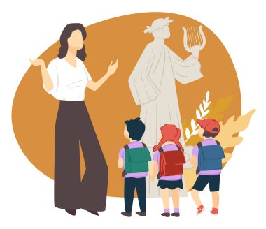 Okul gezisi ve antika ve kültür müzesine gezi. Yunan mitolojisi, sanatı ve felsefesini anlatan rehber veya öğretmeni dinleyen çocuklar. Vergil 'in çelenkli heykeli, düz biçimli vektör.