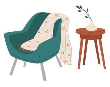 Süslü dalları olan kahve masası, battaniyeli, ekose ya da eşarplı rahat koltuk. Ev tasarımı, minimalist ve İskandinav konutları. Oturma odası ya da oturma odası, düz stil vektörü