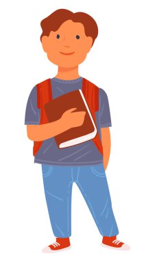 Okul çocuğu kitap tutuyor, çanta takıyor, okulda izole edilmiş neşeli bir çocuk. Sırt çantası, ders kitabı ya da defteri olan çocuk, edebiyatı derslere hazır olan genç, düz stil vektörü.