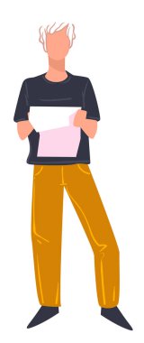 Okuldaki, üniversitedeki ya da üniversitedeki derslere hazırlanan genç çocuk. İzole edilmiş erkek karakter, bir parça kağıt okuyor, kitap kurdu okuyucusu. Ödev yapan kişi, düz biçim illüstrasyonunda vektör