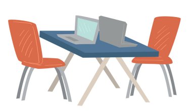 Kişisel bilgisayar ve sandalyeli masa, ev veya ofis iç tasarımı için izole mobilyalar. Masalarda dizüstü bilgisayarlar, okul ya da üniversite modern kütüphanesi, araçlarla çalışma salonu, düz stil vektör