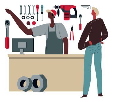 Müşteriye çeşitli ürünler gösteren, vitrindeki ekipmanlara işaret eden bir alet satıcı. Tamirciler ve inşaatçılar için aletlerle dolu bir depo. Müşteri pazarın sahibiyle konuşuyor, düz biçimli vektör
