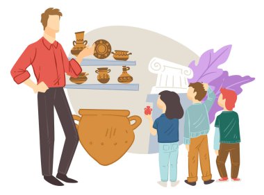 Tarih müzesinde rehber ya da öğretmen dinleyen çocuklar. Antik uygarlıklardan ve kültürden bahseden bir adam, sanat eserleri ve mirası gösteriyor. Okul gezisi ve arkeoloji eğitim vektörü düz stilde