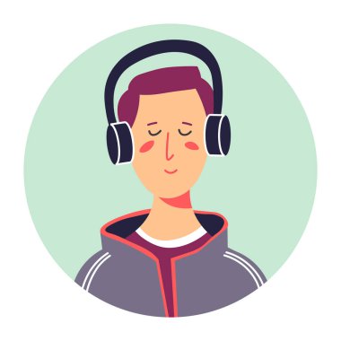Hippi erkek karakter kulaklıkla müzik dinliyor, izole edilmiş ergen portresi. Gözleri kapalı, şarkılardan zevk alan, modaya uygun bir çocuk. Öğrenci ya da öğrenci, dairesel vektör