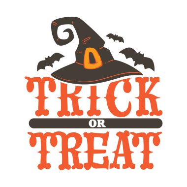 Cadılar Bayramı geleneksel kostümü ve sembolleri, cadı şapkası ve kemeriyle şaka mı şeker mi pankartı, uçan yarasalar. Ürkütücü Amerikan bayramı, mevsimsel şenlik ya da karnaval. Kart ya da etiket, düz biçimli vektör