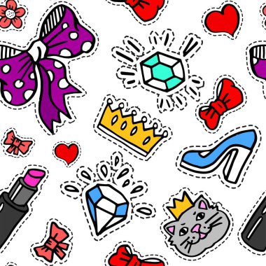 Altın taç ve dekoratif kurdele yayı topuk ve kalpte ayakkabı, ruj ve kedi. Kızsal çıkartmaların ve cazibe alanının kusursuz deseni. Kızlar için aksesuarlar ve eşyalar. Elmas veya parlak vektör