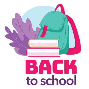 Okulun ilk günü, Eylül 'de yeni akademik yılla kutlama. Kitaplarla, dekoratif yapraklarla, ders kitaplarıyla ve ders için malzemelerle dolu sırt çantasıyla, düz stil vektörü