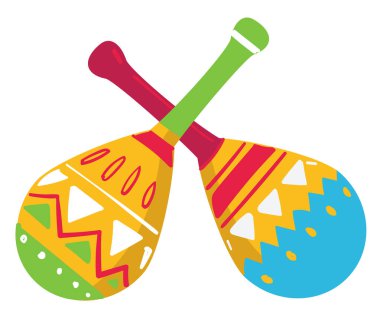 Meksika kültürü ve sembolleri, izole edilmiş marakas müzik aleti. Maraca süslerle ve geometrik şekillerle süslenmiş. Kültürel işaretler ve geziden hatıralar, Cinco de mayonez, düz stil vektör.
