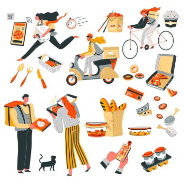 Siparişleri zamanında teslim etmek, teslimatçı ve müşteri. Pizza ve baget, suşi ve sıcak kahve, erişte ve beslenme çantası. Motosikletli ya da bisikletli kurye, telefon uygulaması vektörü düz biçimli