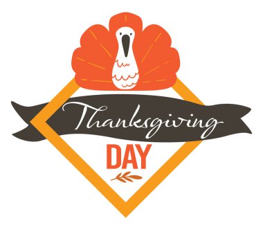 Şükran Günü sembollü pankart, hindi ve kaligrafik yazıyla izole edilmiş çerçeve. Kartpostal ya da sonbaharda tatil kutlaması, sonbahar sezonu ABD 'de, düz stil vektörü