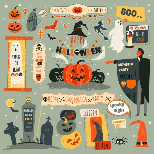 Festa Serale Halloween Dolcetto Scherzetto Ottobre Zucche Zombie Cimitero Vampiri — Vettoriale Stock