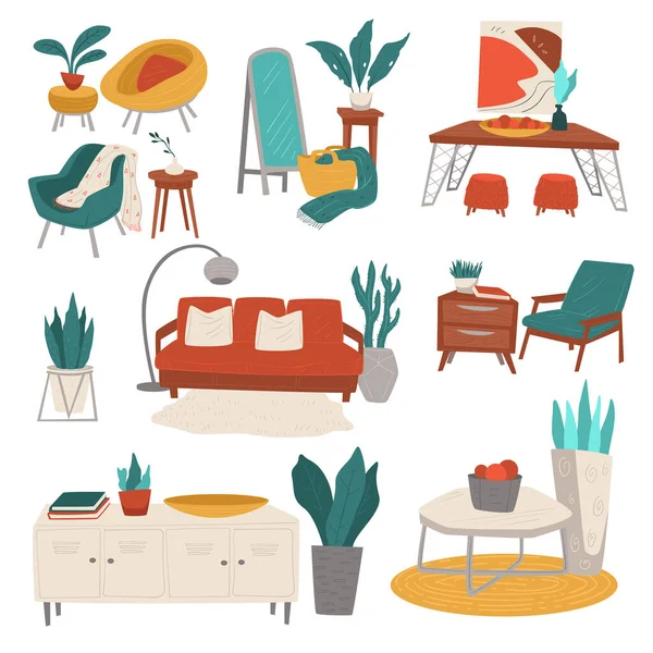 Sofas Und Pflanzen Vasen Und Töpfen Sessel Tischen Isolierte Möbel — Stockvektor