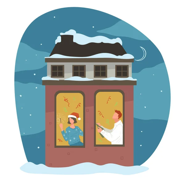 男朋友和女朋友在家里庆祝寒假 男男女女在圣诞节扔糖果 屋顶白雪 除夕之夜 晚上公寓 矢量在平面风格 — 图库矢量图片