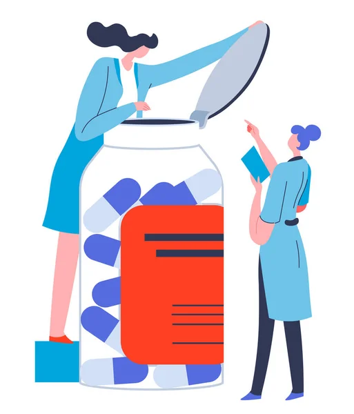 Infirmières Médecins Prescrivant Des Pilules Bocal Industrie Pharmaceutique Soins Médicaux — Image vectorielle