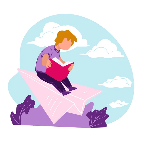 Junge Lesen Buch Fliegen Auf Papierflugzeug Schüler Männlichen Charakter Entwickelt — Stockvektor