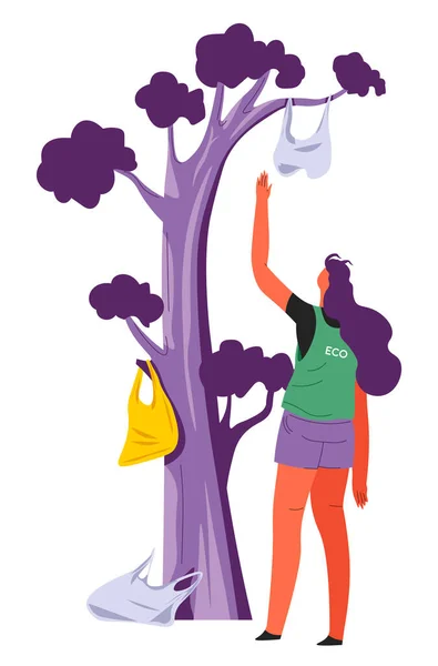 木に吊るされたビニール袋やゴミを集めたり エコ活動家がゴミを拾ったり コミュニティや生態学的に認識された人々の組織 自然保護のためのキャラクターケア ベクトル — ストックベクタ