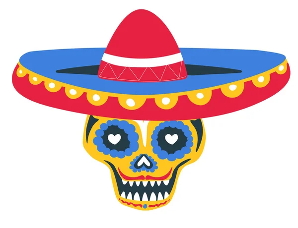 墨西哥节日期间的死亡纪念日 被隔离的骷髅装饰着装饰品 线条和心脏 Calavera戴着Sombrero帽 墨西哥的传统在Hallobetween 矢量呈扁平型 — 图库矢量图片
