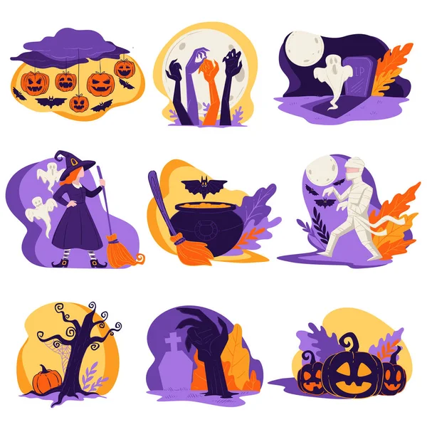 Zombies Citrouilles Jack Lanterne Sorcière Créatures Traditions Halloween Sur Événement — Image vectorielle