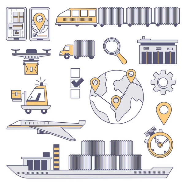 Logística Mundial Iconos Aislados Transporte Cajas Vehículos Tren Barco Furgoneta — Vector de stock