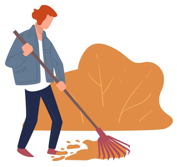 Woman Cleaning Yard Autumn Yard Work Raking Dry Leaves Outdoors — Stock Vector