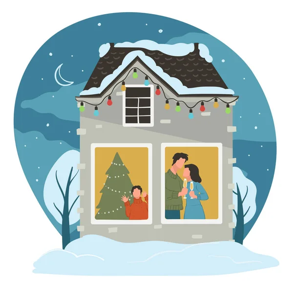 어머니 아버지 아이들의 가족이 집에서 크리스마스 휴일을 엄마와 아빠는 소나무와 — 스톡 벡터