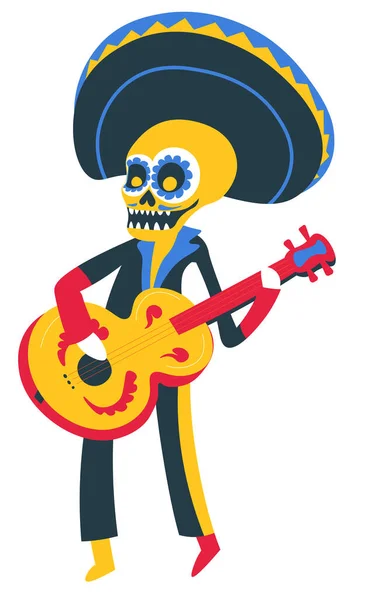 Traditional Mexican Holiday Day Dead Musician Guitar Playing Male Character — Stock Vector