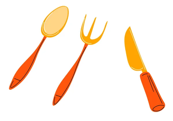 Cutlery Gold Isolated Set Spoon Fork Sharp Knife Eating Meal — Stock Vector