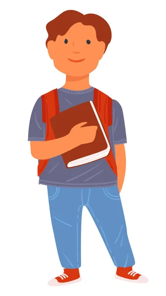 Schoolboy Holding Book Wearing Satchel Isolated Cheerful Boy Studying School — Stock Vector