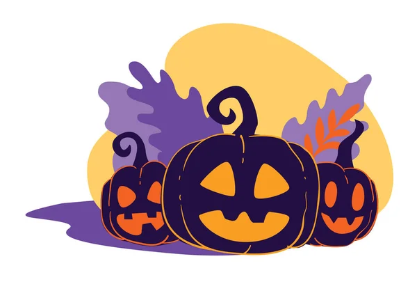 Calabazas Con Cara Sonriente Tallada Símbolos Halloween Celebración Fiesta Otoñal — Vector de stock