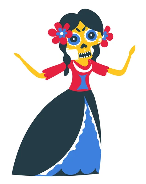 День Мертвих Мексиканські Традиційні Танці Вбрання Жінок Ізольований Жіночий Персонаж — стоковий вектор
