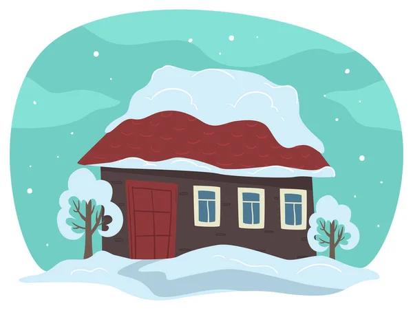 Χειμερινό Τοπίο Εξοχή Σπίτι Και Δέντρα Καλυμμένα Χιόνι Χιονάτη Σκηνή — Διανυσματικό Αρχείο