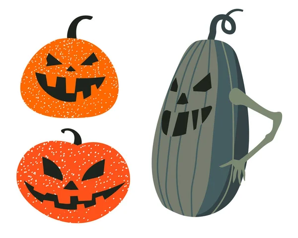 Halloween Karakters Traditionele Symbolen Van Herfstvakantie Geïsoleerde Pictogrammen Van Squash — Stockvector