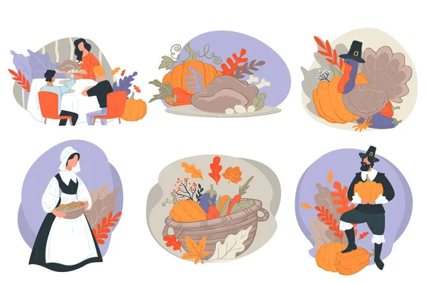 为庆祝感恩节 朝圣者在秋天收割 在美国美国的秋天假期 篮子里有收获的南瓜 蔬菜和香草 土耳其和帽子 扁平型矢量 — 图库矢量图片