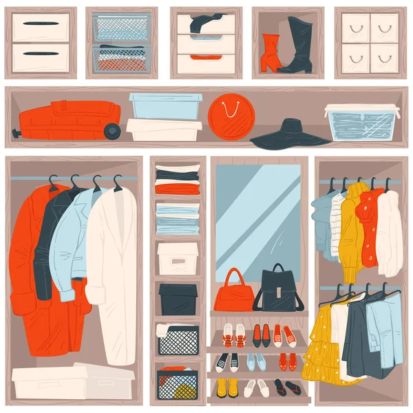 stock vector Organized clothing on hangers and shelves, wardrobe with clothes and accessories. Mirror with bags and shoes. Dressing room or showroom with baggage, coats tops and trousers, vector in flat style