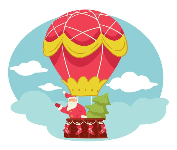 Santa Claus Pino Volando Globo Aerostático Celebración Navidad Saludos Con — Vector de stock