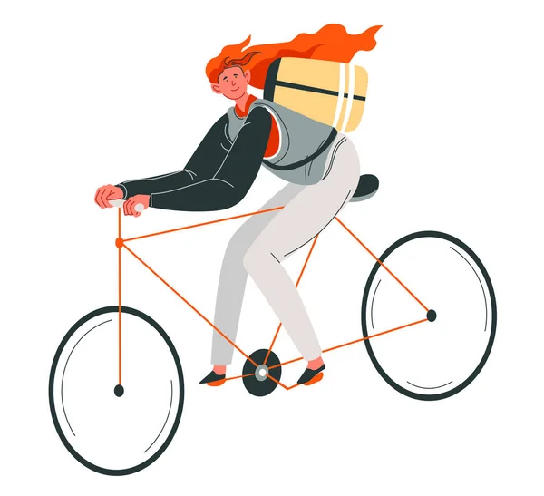캐릭터는 가방을 어깨에 자전거를 여성은 음식을 배달하거나 스포츠 생활을 자전거타기 — 스톡 벡터