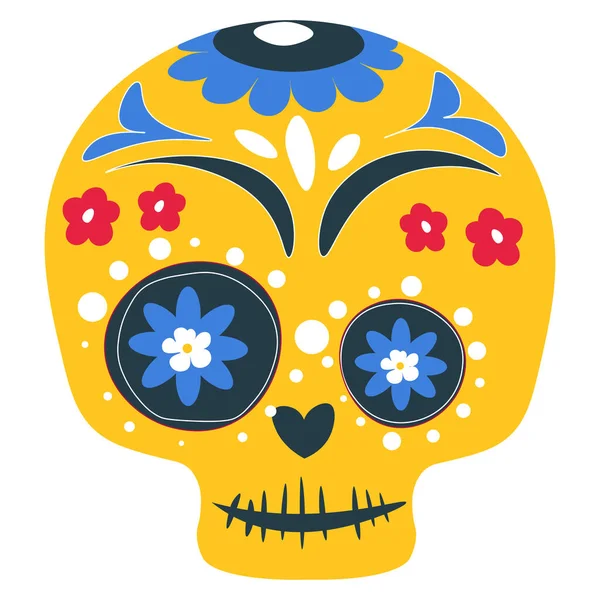 骷髅用线条和花环装饰着 作为纪念死者的节日 墨西哥假日 Dia Los Muertos Calavera独立的图标 狂欢节化妆传统绘画 矢量呈扁平型 — 图库矢量图片