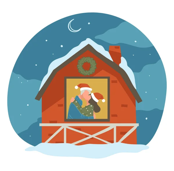 Couple Standing Mistletoe Kissing Man Woman Home Celebrating Christmas Winter — Stock Vector