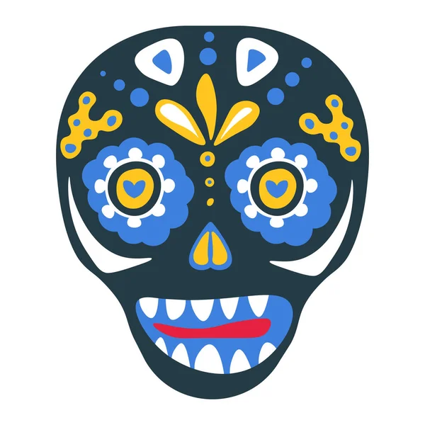 墨西哥的传统死之日 庆祝之间的圣餐 带有装饰品和装饰叶及植物的独立头骨 拉丁美洲的狂欢节或节庆习俗 病媒呈扁平 — 图库矢量图片