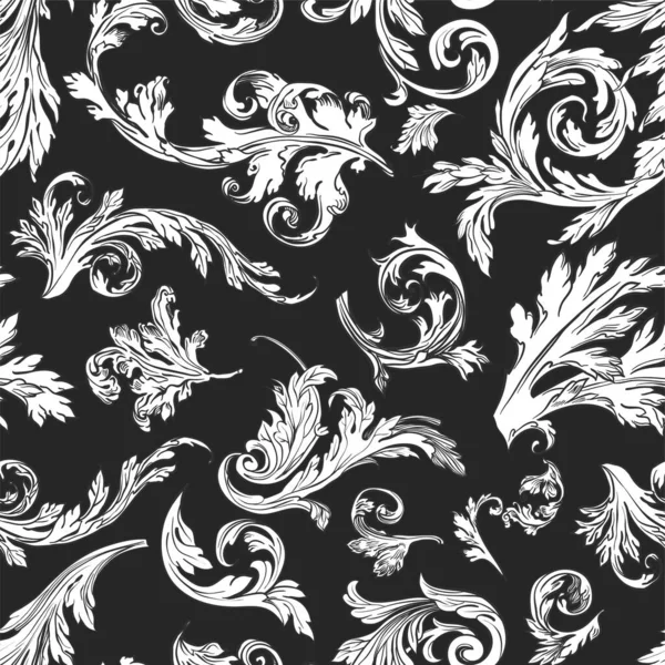 Foliage Vintage Leaves Seamless Pattern Monochrome Sketches Outline Black Background — Stock Vector