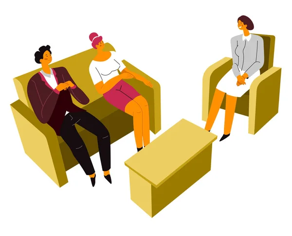 Femme Mari Discutant Avec Psychologue Professionnel Conseiller Familial Une Thérapie — Image vectorielle
