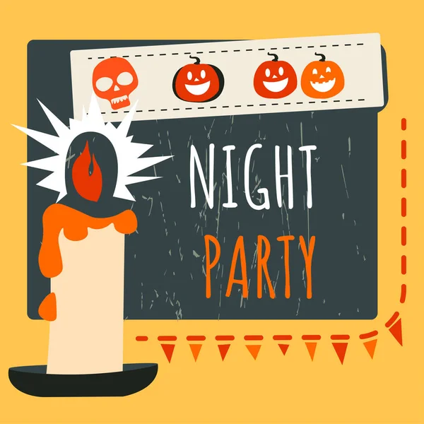 ハロウィーンの夜のパーティーは すべてのハロウィーンの日を祝います ろうそくの光 カボチャの顔や頭蓋骨の彫刻 笑顔や笑顔でジャック ランタンは お祝いイベントでパーティーをします 平型ベクトル — ストックベクタ